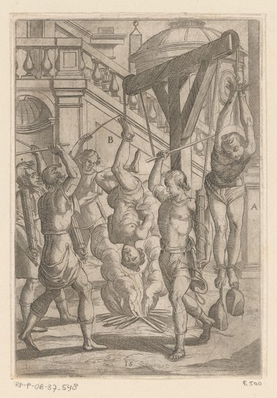 Ardiendo colgando boca abajo y golpeando Torturas sufridas por los mártires cristianos (título de la serie) Varia tormentorum et supplicioru rawlium (...) (título de la serie) de Antonio Tempesta