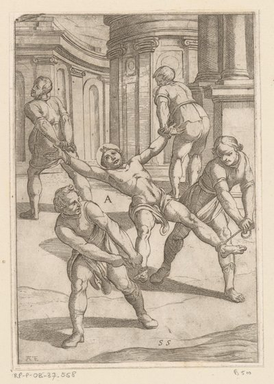 Cuatro hombres tiran de las extremidades de un santo Torturas sufridas por los mártires cristianos (título de la serie) Varia tormentorum et supplicioru rawlium (...) (título de la serie) de Antonio Tempesta