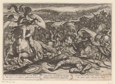 Suicidio de Saúl después de su derrota por los filisteos Saul post cladem et necem fillor sibl morte conscivit (título sobre el objeto) Escenas de batalla del Antiguo Testamento (título de la serie) de Antonio Tempesta