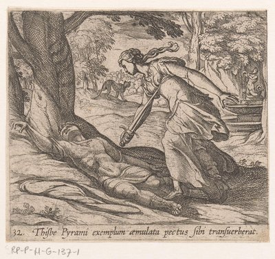 Zelfmoor van Tisbe Thijsbe había atravesado su pecho siguiendo el ejemplo de Pyramus (título sobre objeto) Metamorphoseon o transformaciones (título de la serie) Metamorfosen van Ovidius (título de la serie) de Antonio Tempesta