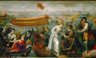 La reina Catalina Cornaro, viuda del rey Jacobo II de Chipre, llega a Venecia, obligada por la República a abdicar (óleo sobre lienzo) de Antonio Vassilacchi