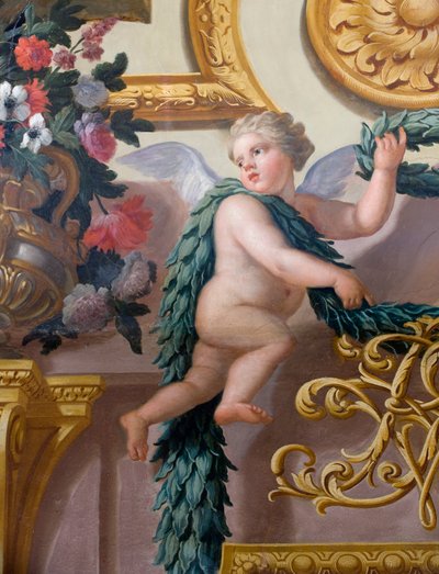 Detalle de un mural que muestra un querubín con una corona de laurel y una guirnalda, The Banqueting House de Antonio Verrio