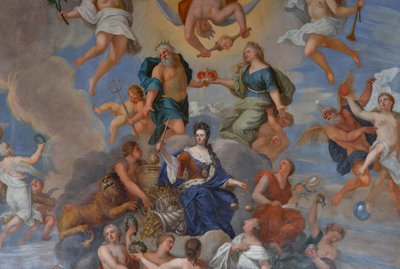 La reina Ana rodeada de una serie de virtudes personificadas, detalle del techo del Salón de la Reina de Antonio Verrio