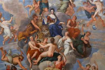 La reina Ana rodeada de una serie de virtudes personificadas, detalle del techo del Salón de la Reina de Antonio Verrio