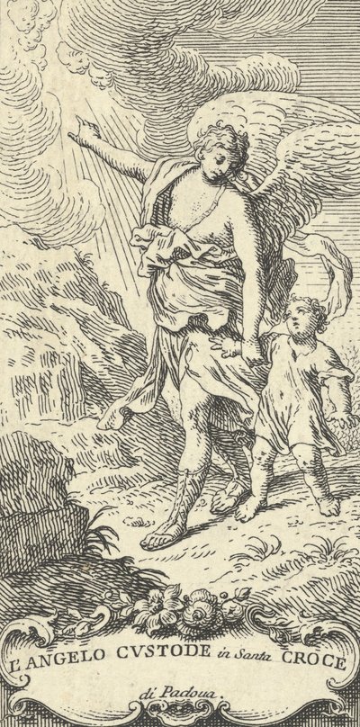 Un ángel guiando a un niño y señalando a las nubes de Antonio Visentini