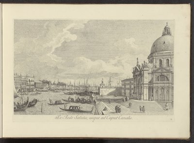 Gezicht op het Canal Grande en de Santa Maria della Saludos a usted Del Templo de la Seguridad a la Cabeza del Canal (título sobre objeto) Las vistas más famosas de la ciudad de Venecia, de las 38 pinturas de bronce del Canal de Antonio reproducidas por An de Antonio Visentini