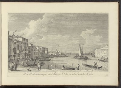 Gezicht op het Canal Grande en de kerk de Santa Chiara te Venetië Del Fuller al Templo de Santa Clara donde termina el canal (título sobre el objeto) Las vistas más famosas de la ciudad de Venecia, exprimidas por 38 paneles de latón de Antonio Vssentini en de Antonio Visentini