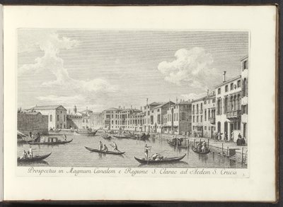Gezicht op het Canal Grande te Venetië Vista del Gran Canal desde la Región de Santa Clara hasta el Templo de la Santa Cruz (título sobre el objeto) Las vistas más famosas de la ciudad de Venecia, de los 38 paneles de latón del Canal de Antonio reproducido de Antonio Visentini