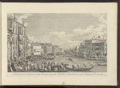 Gezicht op het Canal Grande te Venetië waar de Regata plaatsvindt La Batalla del Mar con el Prospecto del Balborus en el Puente del Rialto (título sobre el objeto) Las vistas más famosas de la ciudad de Venecia, de las 38 pinturas de bronce del Canal de An de Antonio Visentini