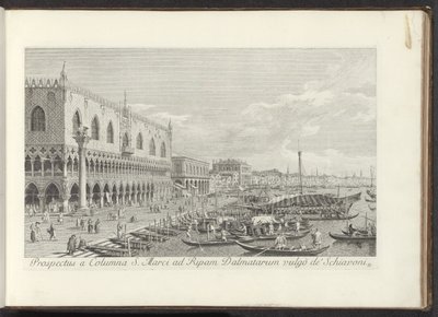 Hoek van het San Marcoplein met het Dogepaleis en de zuil met de Leeuw van Venetië Una vista desde la Columna de San Marcos en el Banco de los Dálmatas comúnmente conocida como Schiavoni (título sobre el objeto) Las vistas más famosas de la ciudad de Venec de Antonio Visentini