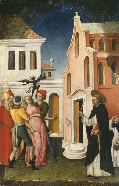 San Pedro Mártir exorcizando a una mujer poseída por un demonio, 1440-50 de Antonio Vivarini