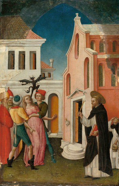 San Pedro Mártir exorcizando a una mujer poseída por un demonio, 1445-55 de Antonio Vivarini