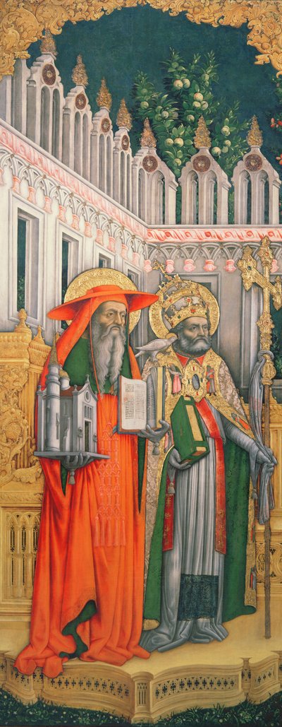 San Jerónimo y San Gregorio, panel izquierdo de La Virgen entronizada con los santos Jerónimo, Gregorio, Ambrosio y Agustín, 1446 (post restauración) de Antonio Vivarini