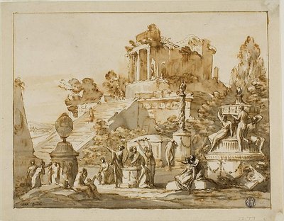 Paisaje clásico con templo en ruinas sobre una colina, figuras femeninas debajo de Antonio Zucchi
