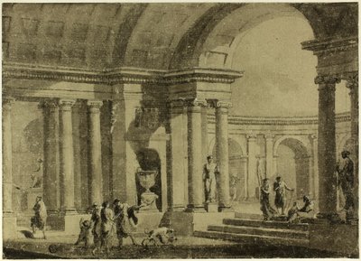 Pórtico clásico con figuras vestidas a la antigua usanza de Antonio Zucchi