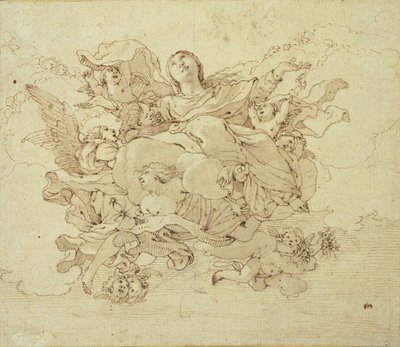 Virgen en las nubes, sostenida por ángeles de Antonio da Correggio