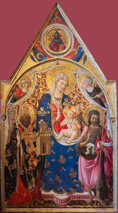 Virgen con el Niño en trono de santos


 Título alternativo:   Gonfalon Lado derecho: Virgen con el Niño, con un obispo, San Juan Bautista y ángeles. Parte superior: Cristo bendiciendo. Reverso: La Crucifixión con la Virgen María y San Juan. T de Antonio da Firenze