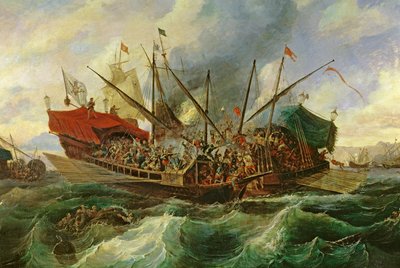 La batalla naval de Lepanto entre la Santa Liga y los turcos en 1571 (óleo sobre lienzo) (detalle) de Antonio de Brugada