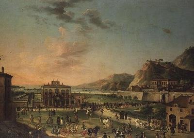 Un panorama caprichoso del viaje de Carlos III Rey de las Dos Sicilias, desde su villa en Portici hasta el Palazzo Farnese en Roma de Antonio de dipi (attr. to) Joli