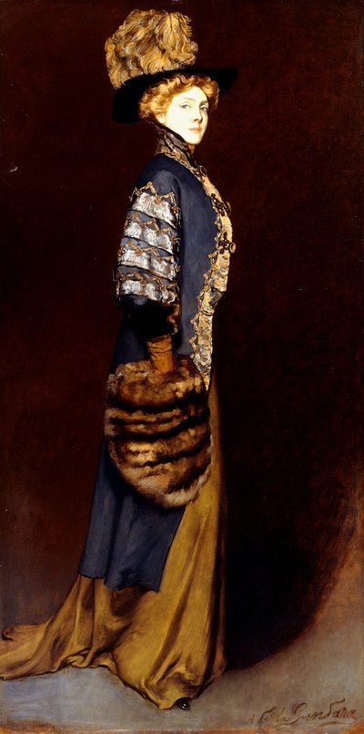 Una dama elegante con un manguito de piel de Antonio de la Gandara