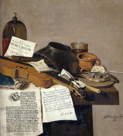 Naturaleza muerta con folletos, un violín, flauta, comida y folletos de Antonius Leemans