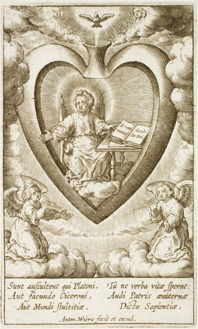 El niño Jesús sentado en el sagrado corazón con un libro abierto de Antonius Wierix (II)
