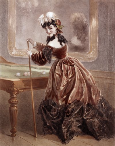 Una cortesana en la época del Segundo Imperio jugando al billar (grabado en color) de Antony Paul Emile Morlon