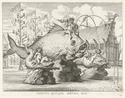 Espectáculo con Tritón sobre un pez gigante; Entrada de Fernando en Gante en 1635 Pontvs Qvoqve servilleta illi (título sobre objeto) de Antony van der Does