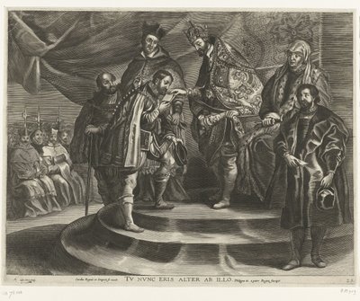 Troonsafsand van Karel V; intocht van Ferdinand te Gent en 1635 (blad 25) Carlos se despojó del Reino y del Imperio / Ahora serás segundo después de él / Felipe II toma el Reino de su padre (título sobre objeto) de Antony van der Does