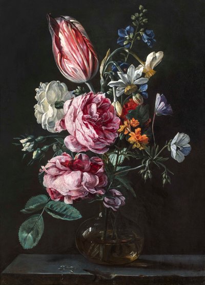 Un Ramo de Narcisos, Tulipán Loro, Rosas y Otras Flores en un Jarrón de Vidrio sobre un Plinto de Piedra, c.1650s de Antwerp School