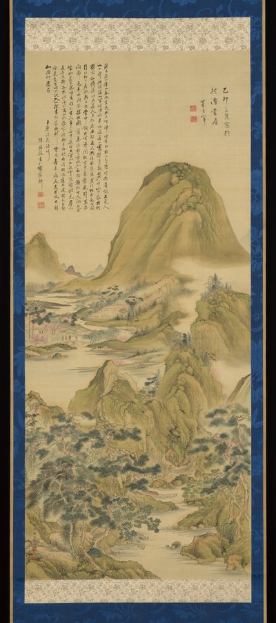 Nach Das Lied vom Pfirsichblütenquell, zugeschrieben Dong Qichang, mit einer Inschrift von Wang Weis Gedicht, zugeschrieben Chen Jiru de Aoki Shukuya