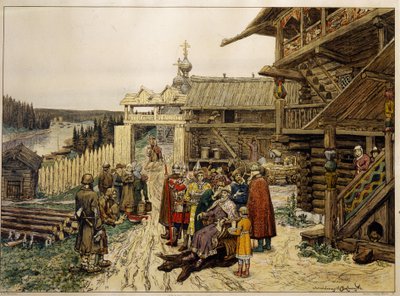 Corte feudal de un príncipe ruso. (En un pueblo medieval, el señor, sentado en una silla en el patio de una casa de madera, rodeado de sus soldados y consejeros, escucha las quejas de los campesinos). Obra de Appolinari Mikhaylovich Vasnetsov de Apollinari Mikhailovich Vasnetsov