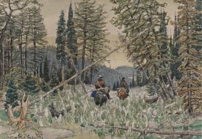 Cazadores a caballo en un bosque de pinos de Apollinari Mikhailovich Vasnetsov