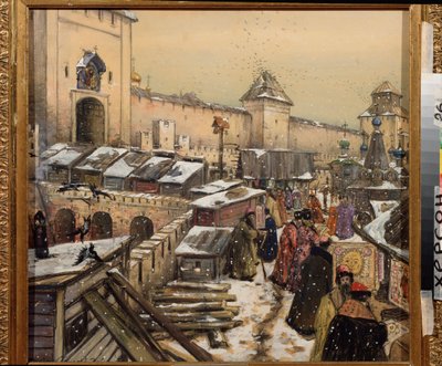 Moscú en el siglo XVII, Librerías en el puente de Cristo Salvador (Moscú en el siglo XVII, Librerías en el puente de Cristo Salvador) - Obra de Appolinari Mykhaylovich Vasnetsov (1856-1933), acuarela y blanco sobre cartón de Apollinari Mikhailovich Vasnetsov