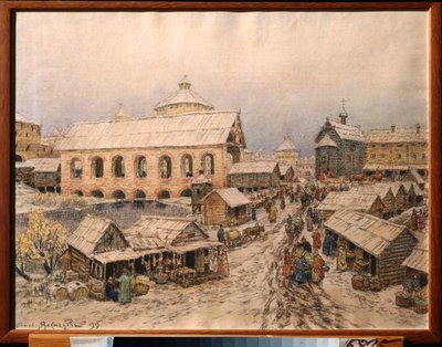 Moscú, siglo XVII, el Puente de la Resurrección - Obra de Appolinari Mikhaylovich Vasnetsov (1856-1933), acuarela y carboncillo sobre papel de Apollinari Mikhailovich Vasnetsov