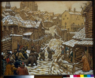 Músicos y entrenadores de osos en una calle de Moscú en el siglo XVII - Obra de Appolinari Mikhaylovich Vasnetsov (1856-1933) de Apollinari Mikhailovich Vasnetsov
