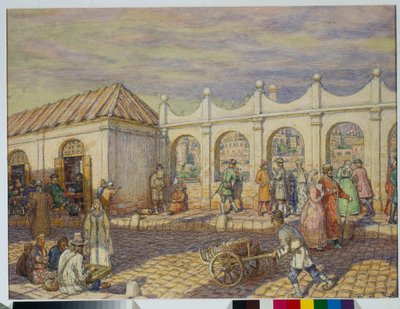 Escena callejera en el Puente de Piedra (Puente de Todos los Santos) en Moscú en la época de Pedro I el Grande (1672-1725) - Obra de Appolinari Mikhaylovich Vasnetsov (1856-1933) de Apollinari Mikhailovich Vasnetsov