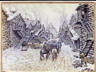 Viejo Moscú. Arquitectura tradicional de madera bajo la nieve. Obra de Appolinari Mikhaylovich Vasnetsov (1856-1933), acuarela y tiza sobre papel de Apollinari Mikhailovich Vasnetsov
