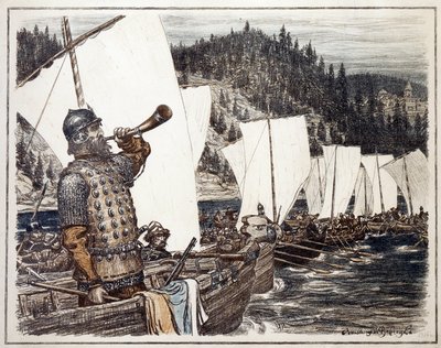 Yermak Timofeyevich (circa 1540-1585) en el río Irtysh. (Yermak Timopheyevich en el Irtysh). Episodio de la exploración y conquista de Siberia, en 1583. Obra de Appolinari Mikhaylovich Vasnetsov (1856-1933), litografía 1916. Arte ruso, 20 de Apollinari Mikhailovich Vasnetsov