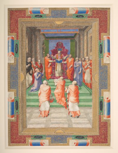 Una ceremonia papal, Pablo IV de pie frente al trono papal, Add. MS 35254 Q, c.1555-59 (vitela) de Apollonio di Bonfratelli