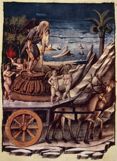 El triunfo del Tiempo, el carro del Tiempo tirado por ciervos, miniatura de Apollonio di Giovanni del poema alegórico Triunfos de Francesco Petrarca de Apollonio di Giovanni di Tommaso