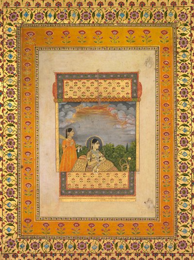 Princesa y acompañante en una ventana en trampantojo, c.1765 (acuarela opaca y dorada sobre papel) de Aqil Khan