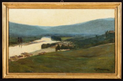 Paisaje toscano con río (óleo sobre lienzo) de Arcangelo Salvarani