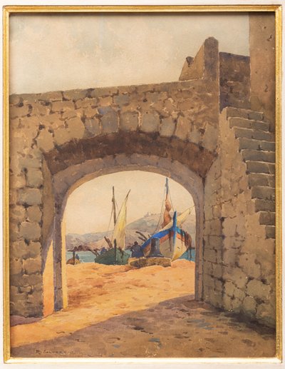 Bóveda con puerto y barcos (acuarela) de Arcangelo Salvarani
