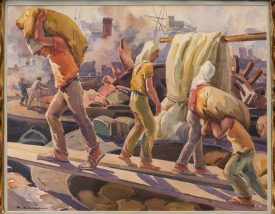 Trabajadores del puerto de Génova (acuarela sobre papel) de Arcangelo Salvarani