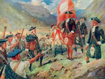 El levantamiento del estandarte, Bonnie Prince Charlie desembarca en Escocia en 1745 de Archibald Bertram (after) Webb