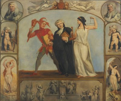 pintura; óleo sobre lienzo - Retrato de Renton Nicholson con escenas y figuras alegóricas de Archibald Henning