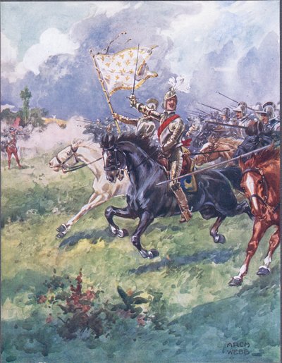 Mil caballeros están presionando cerca detrás, ilustración de Baladas de Luchas Famosas, c.1900 de Archibald Webb