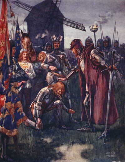 El príncipe se arrodilla humildemente ante su padre: ¡La batalla es suya, completamente! de Baladas de peleas famosas, Primera Edición, 1920 de Archibald Webb