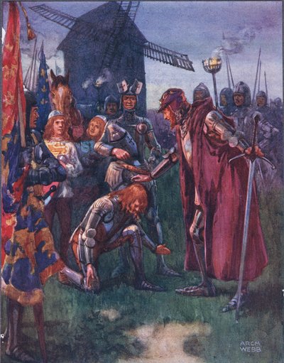 El príncipe se arrodilla ante su padre: ¡La batalla es suya - completamente suya! ilustración de Baladas de Luchas Famosas, c.1900 de Archibald Webb